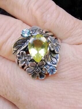 OR PAZ STERLING 925 FLORAL LEMON QUARTZ & BLUE TOPAZ GEMSTONE RING Sz 9.25